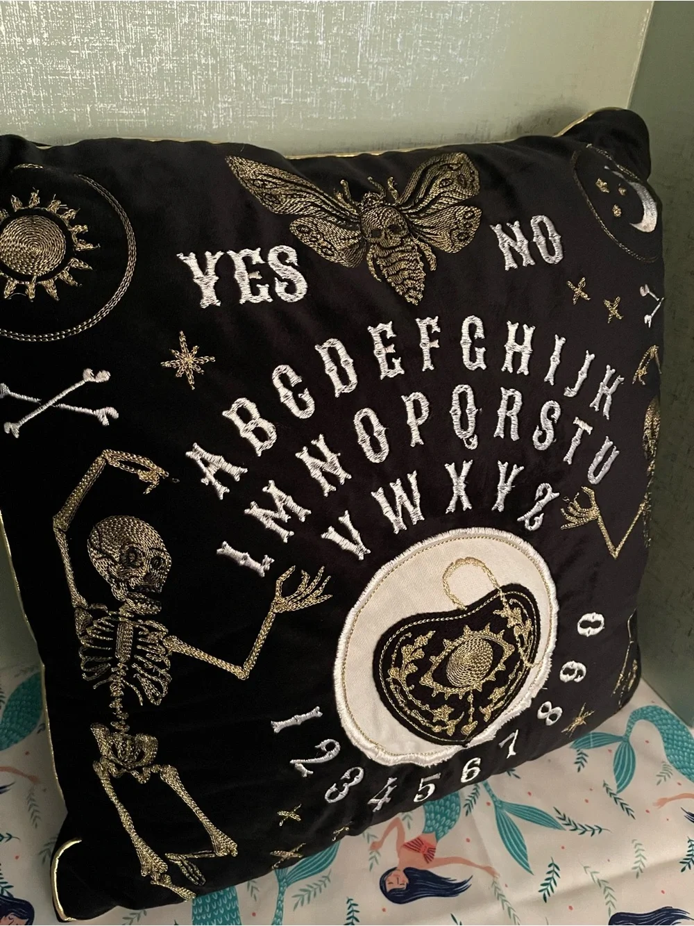 Ouija Planchette Embroidered Velvet Pillow - Black and Gold with Skeletons